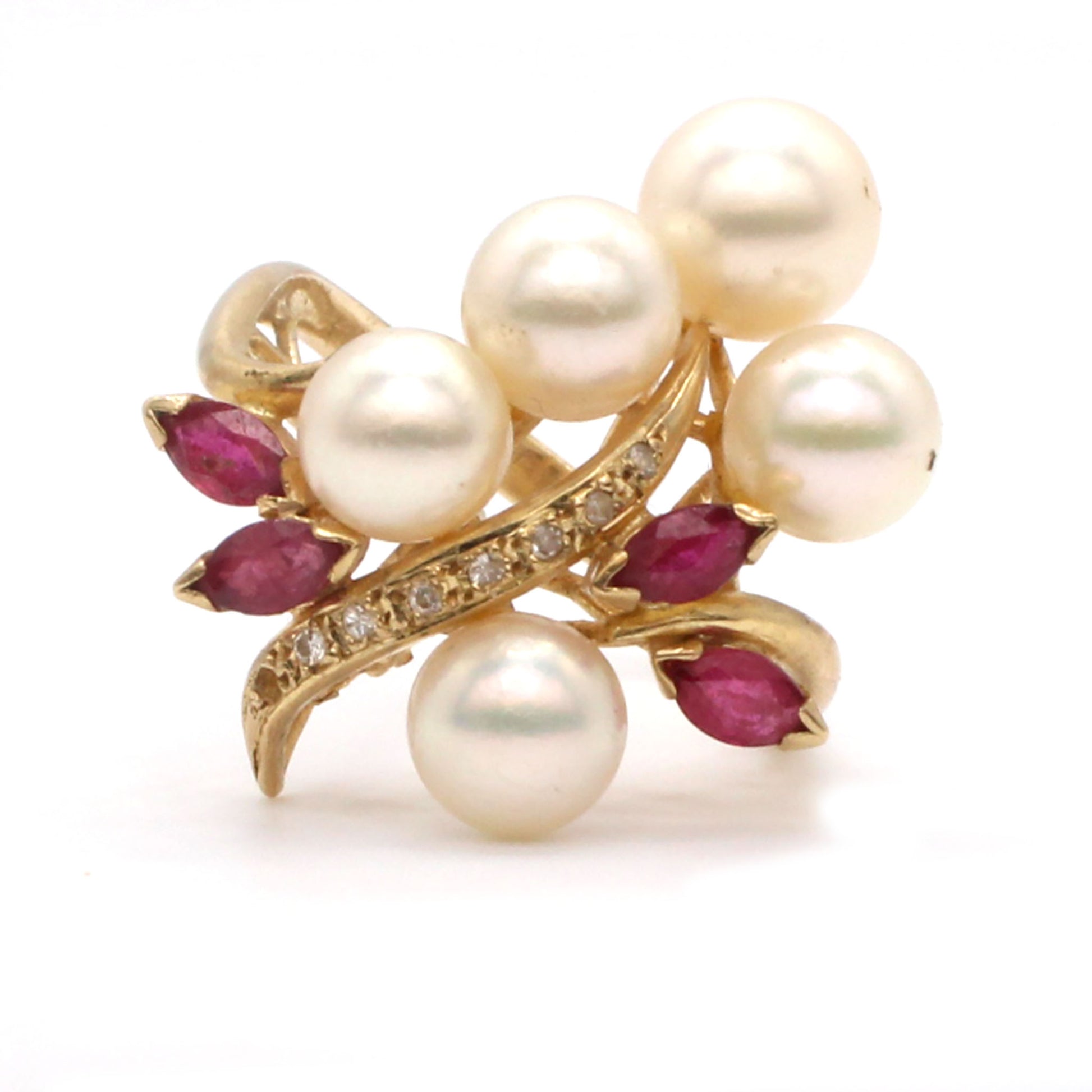 14k Yellow Gold Pearl Ruby and Diamond Ring Size 7