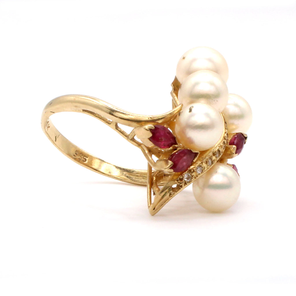 14k Yellow Gold Pearl Ruby and Diamond Ring Size 7