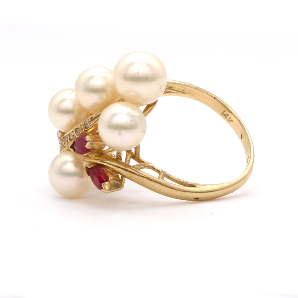 14k Yellow Gold Pearl Ruby and Diamond Ring Size 7