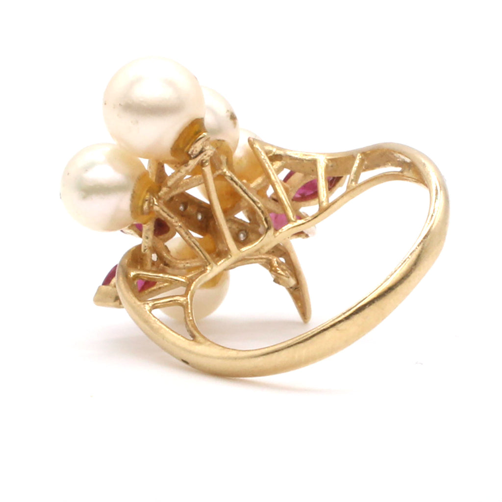 14k Yellow Gold Pearl Ruby and Diamond Ring Size 7