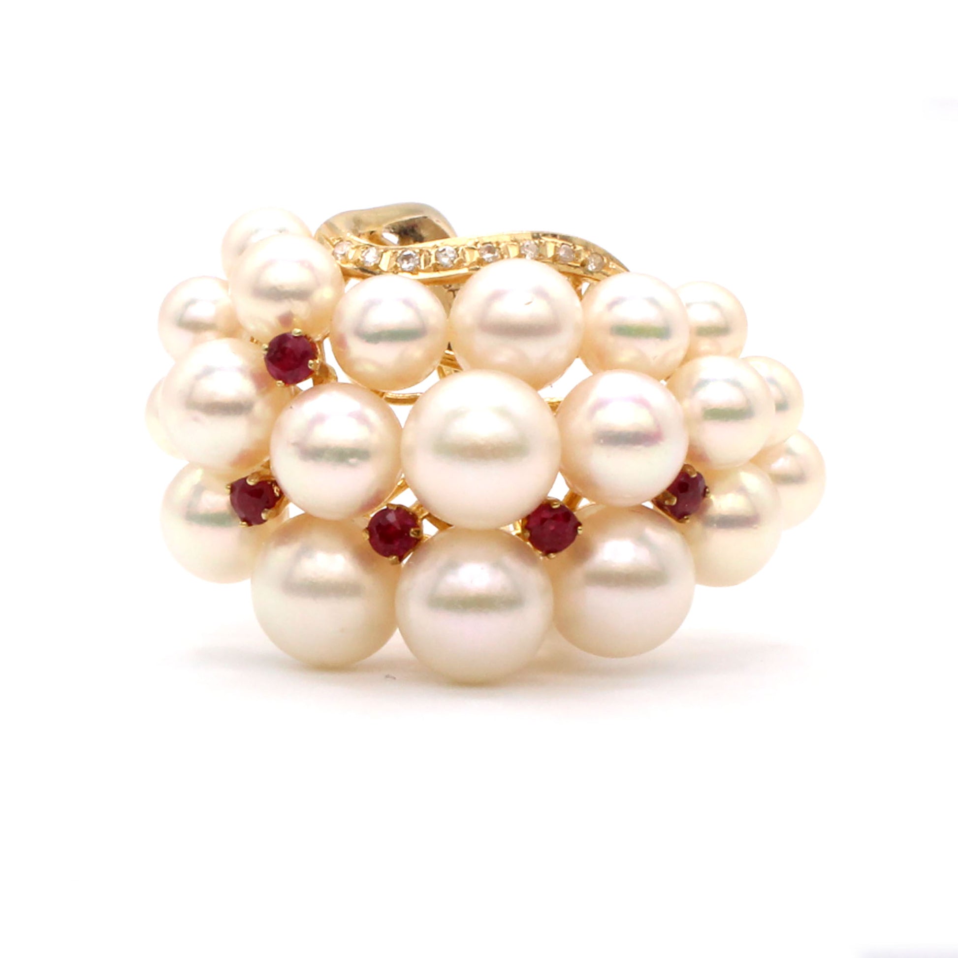14k Yellow Gold Pearl Ruby and Diamond Cocktail Ring Size 5.5