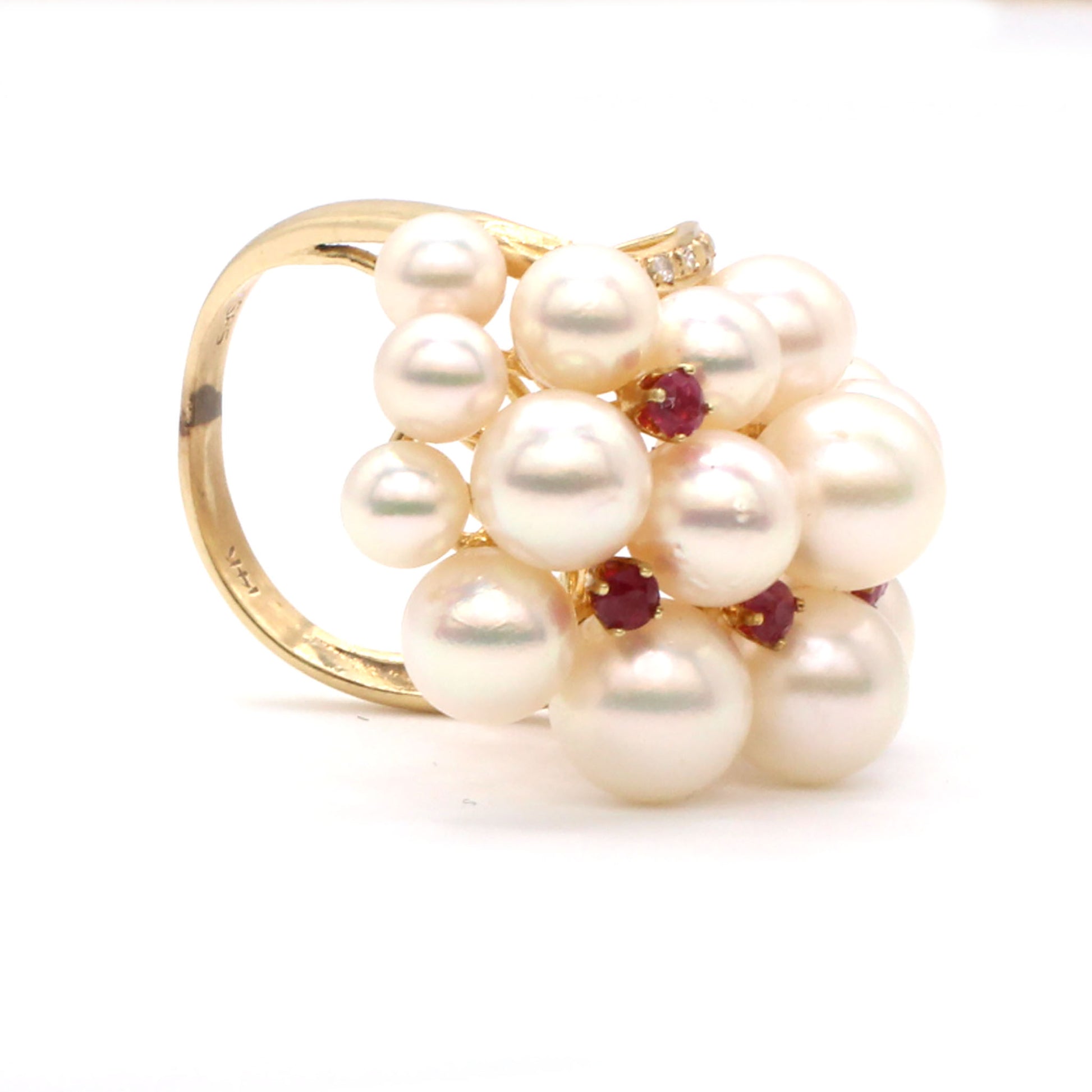 14k Yellow Gold Pearl Ruby and Diamond Cocktail Ring Size 5.5