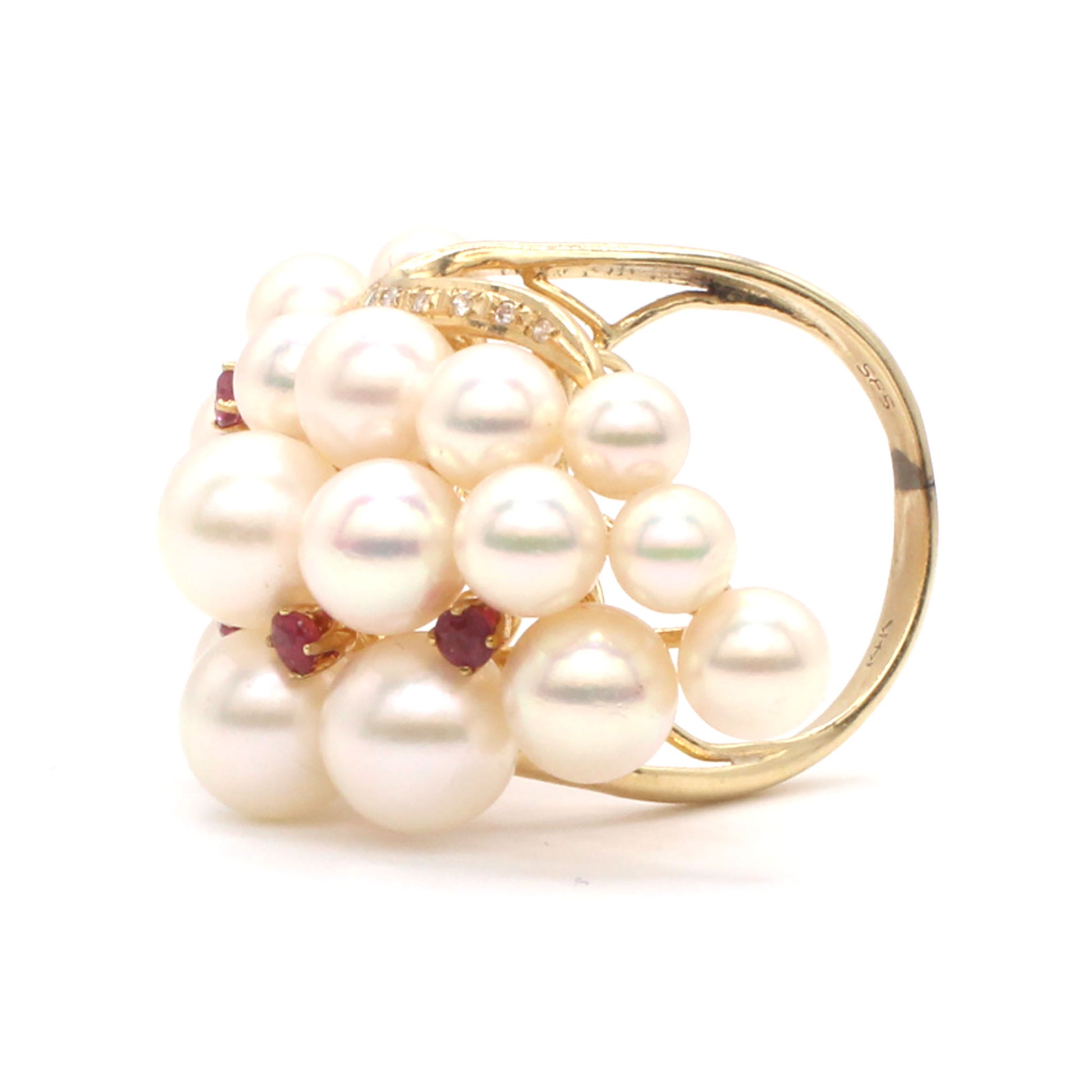 14k Yellow Gold Pearl Ruby and Diamond Cocktail Ring Size 5.5