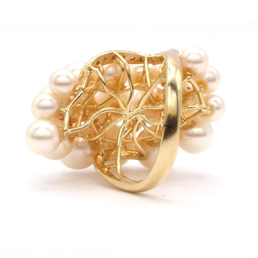 14k Yellow Gold Pearl Ruby and Diamond Cocktail Ring Size 5.5