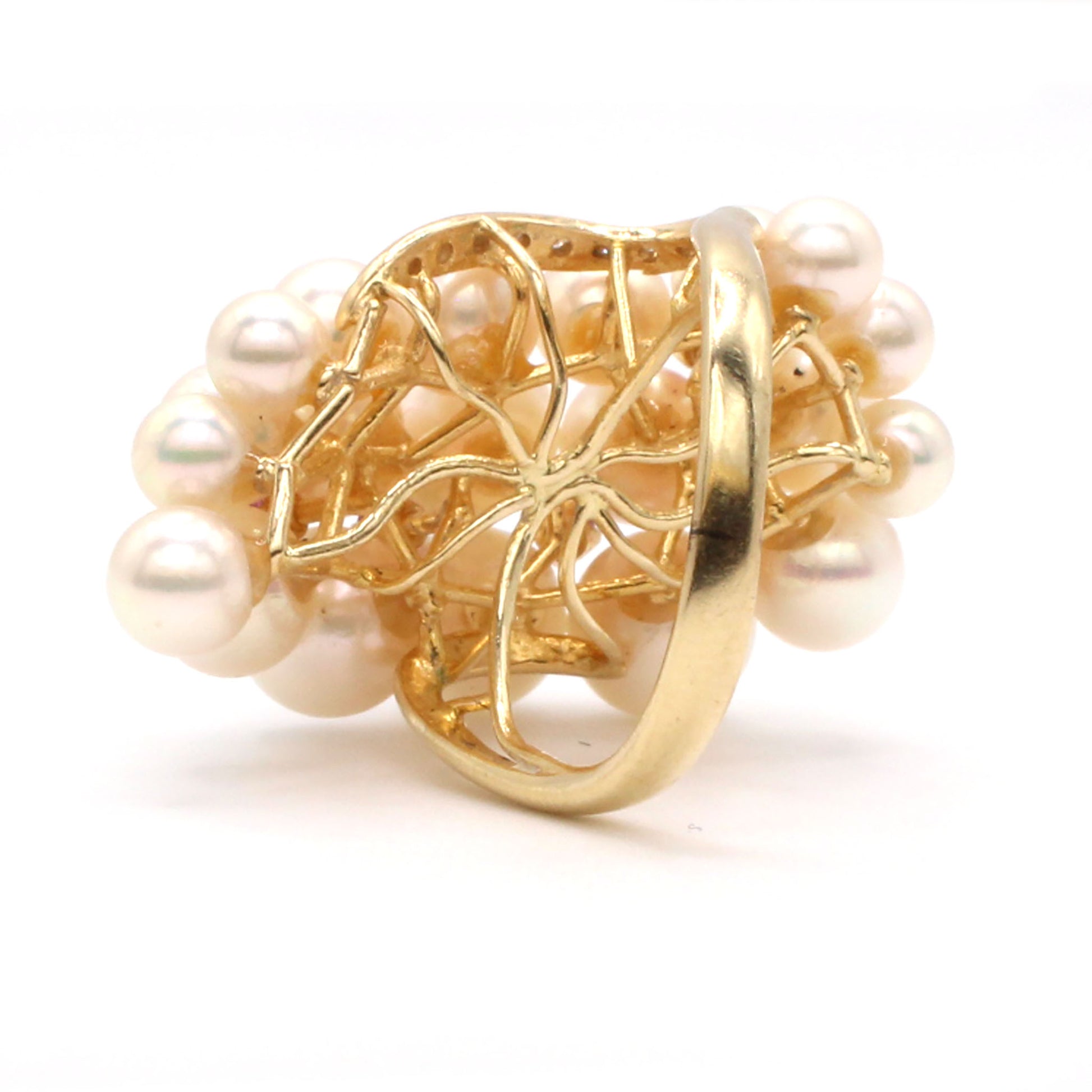 14k Yellow Gold Pearl Ruby and Diamond Cocktail Ring Size 5.5