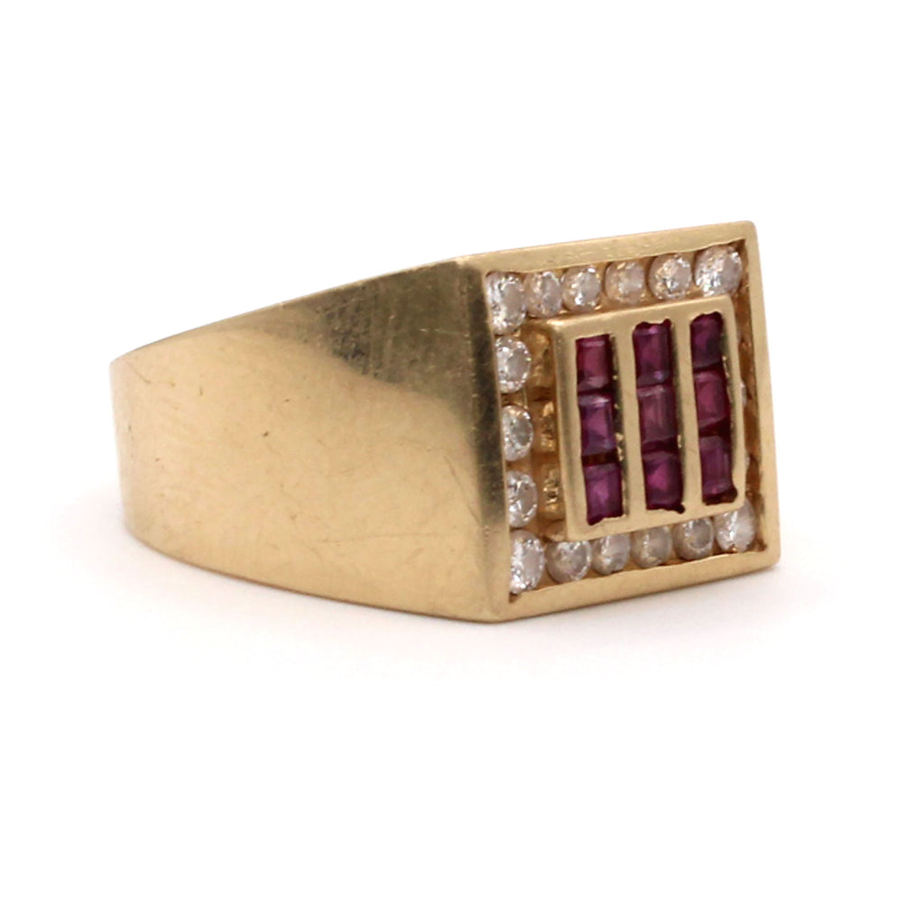 14k Yellow Gold 0.90cttw Diamonds and Ruby Square Ring Size 9.5