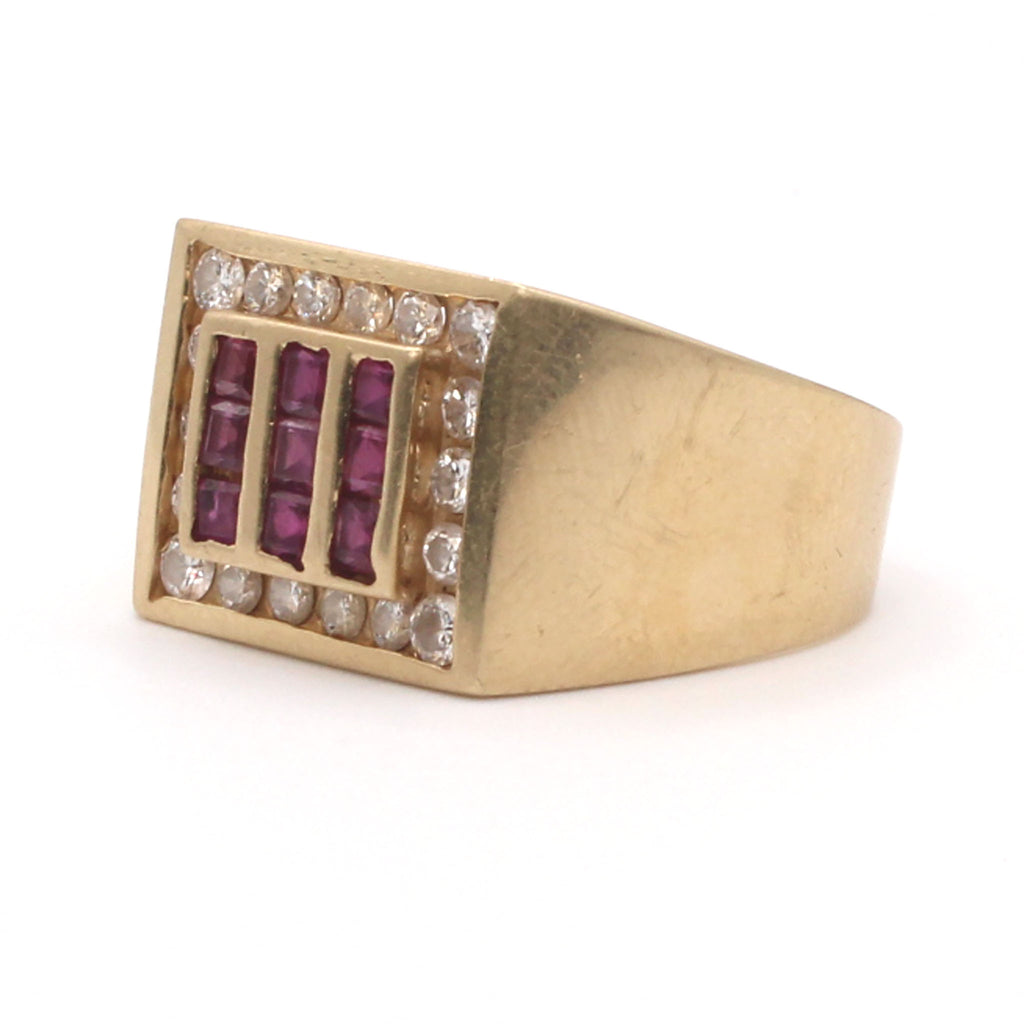 14k Yellow Gold 0.90cttw Diamonds and Ruby Square Ring Size 9.5