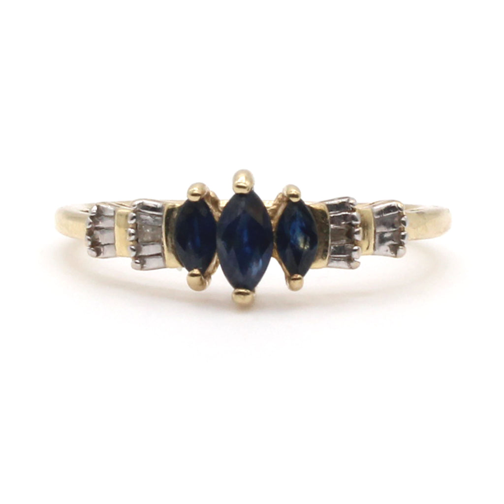 10k Yellow Gold Marquise Cut Sapphire and Diamond Ring Size 6.75