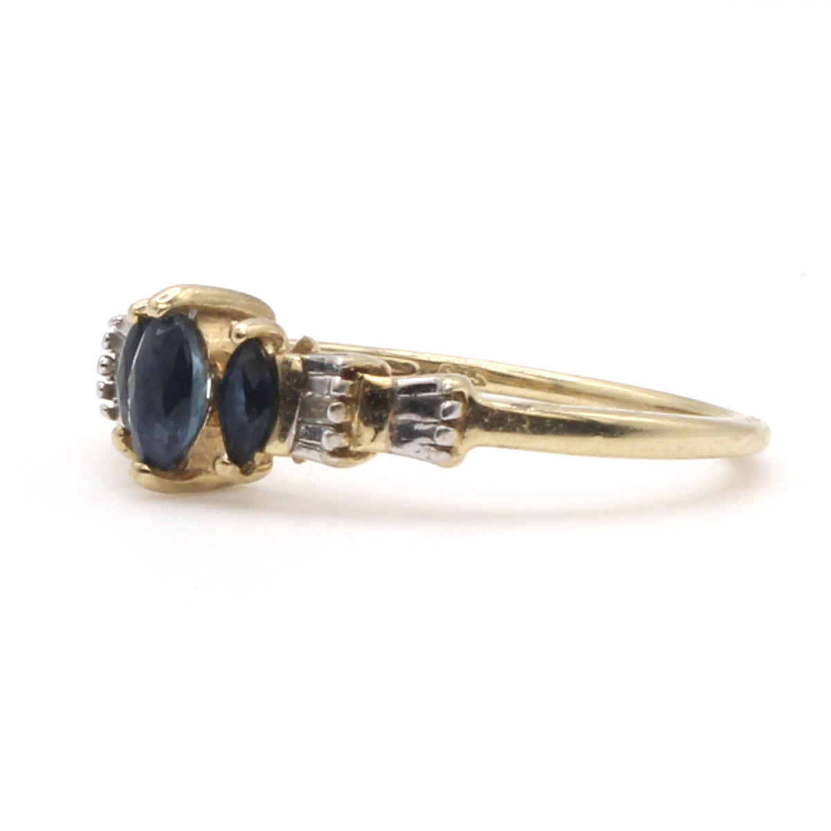 10k Yellow Gold Marquise Cut Sapphire and Diamond Ring Size 6.75