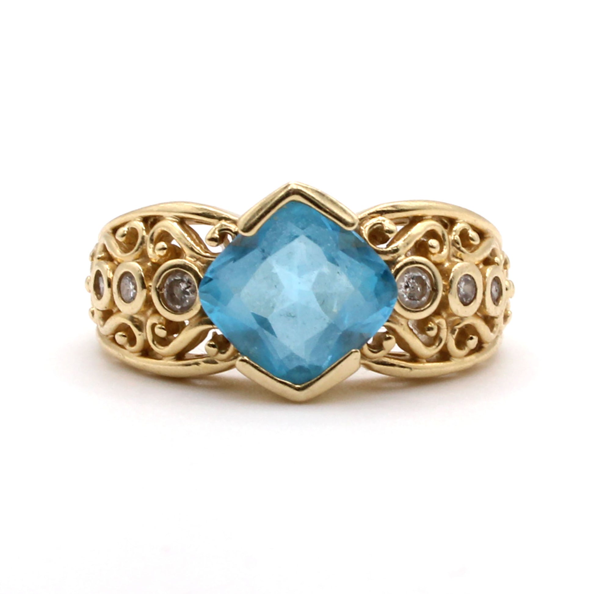 14k Yellow Gold Blue Topaz and Diamond Ring Size 6.75