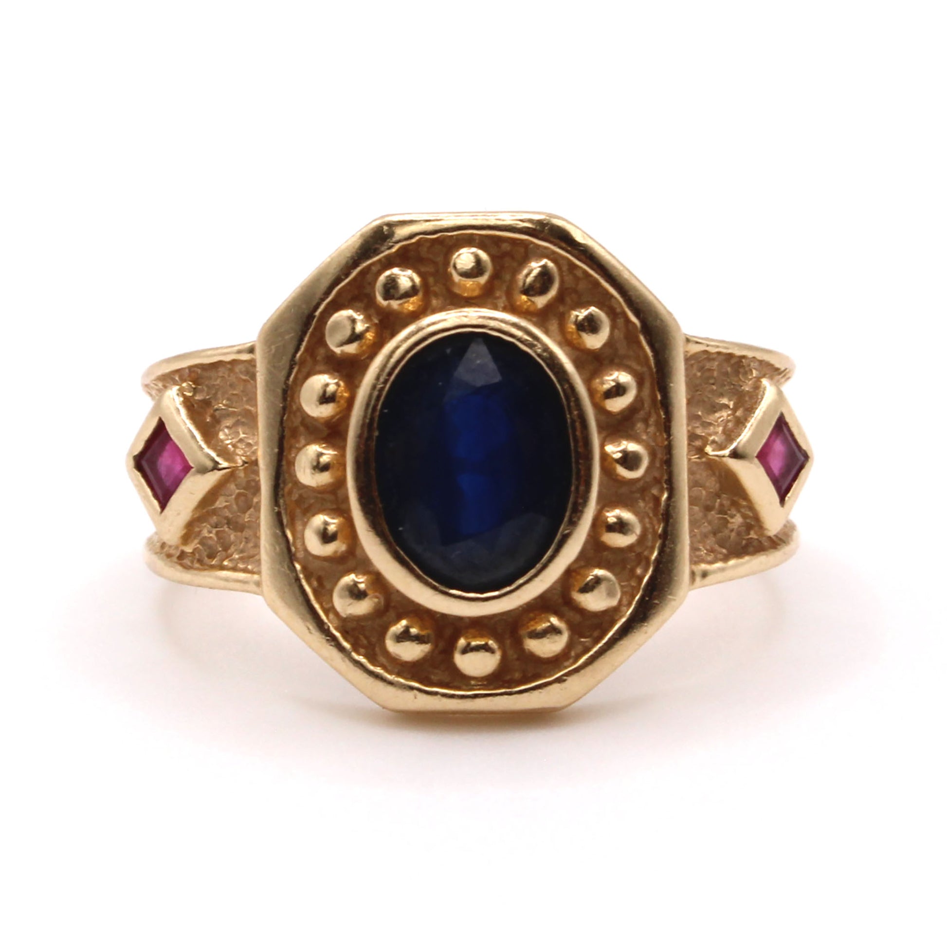 14k Yellow Gold Sapphire and Ruby Bezel Set Ring Size 10