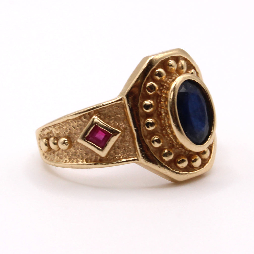 14k Yellow Gold Sapphire and Ruby Bezel Set Ring Size 10