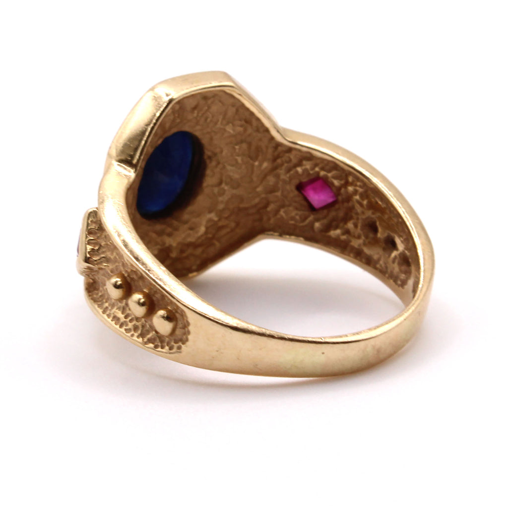 14k Yellow Gold Sapphire and Ruby Bezel Set Ring Size 10