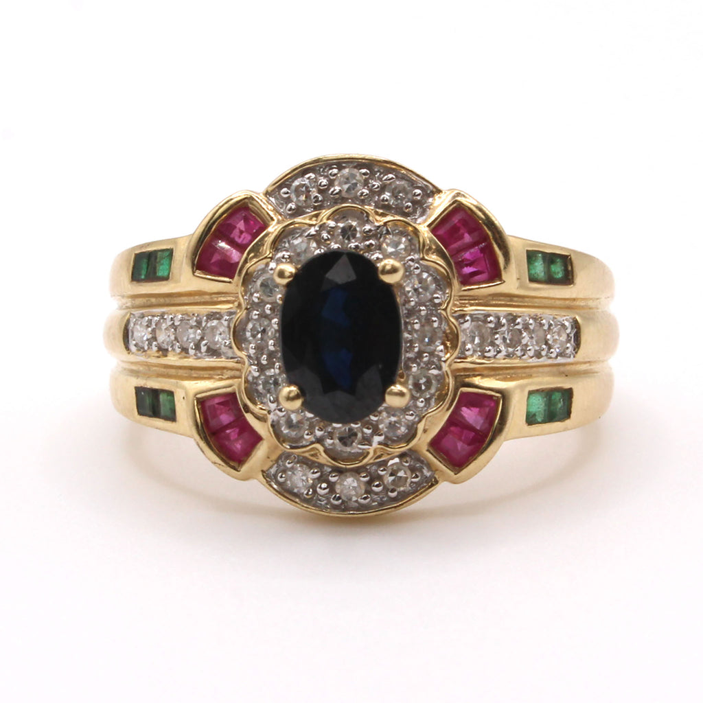 14k Yellow Gold Sapphire, Ruby, Diamond, and Emerald Fashion Ring Size 8