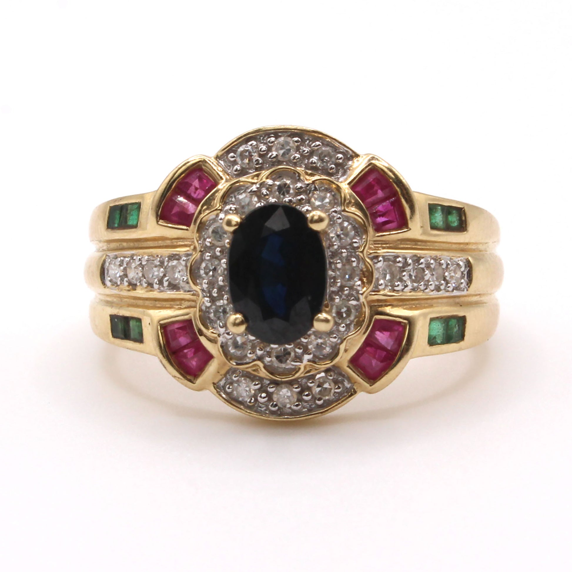 14k Yellow Gold Sapphire, Ruby, Diamond, and Emerald Fashion Ring Size 8