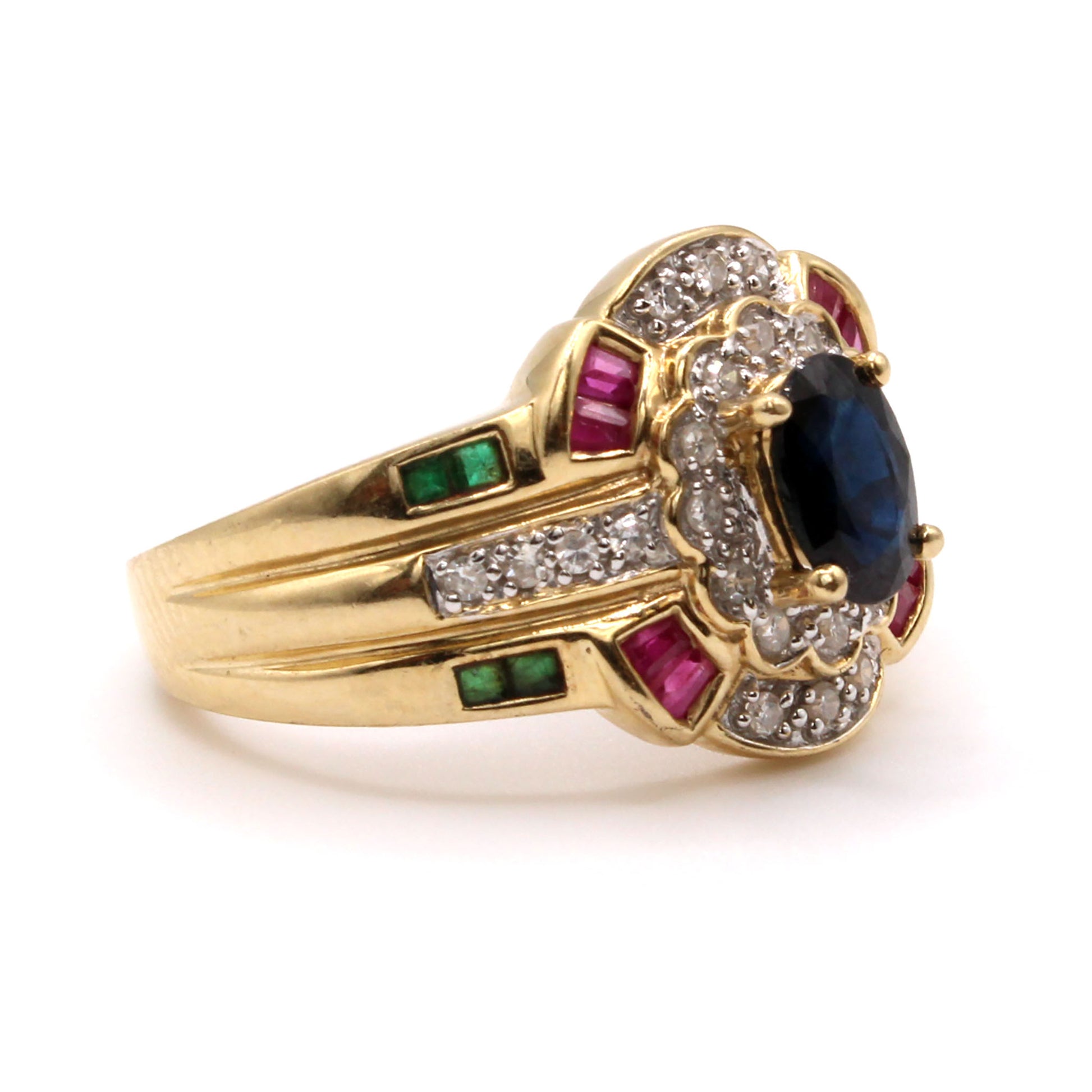 14k Yellow Gold Sapphire, Ruby, Diamond, and Emerald Fashion Ring Size 8