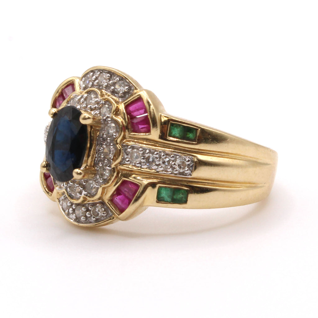 14k Yellow Gold Sapphire, Ruby, Diamond, and Emerald Fashion Ring Size 8