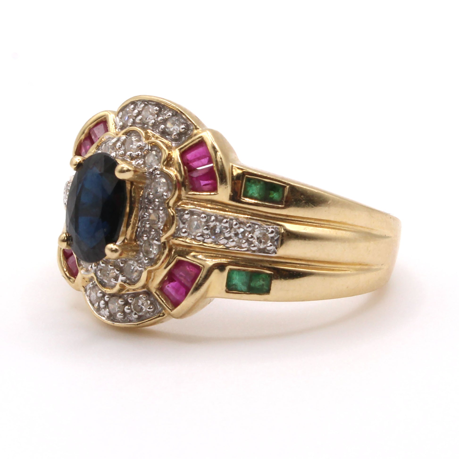 14k Yellow Gold Sapphire, Ruby, Diamond, and Emerald Fashion Ring Size 8