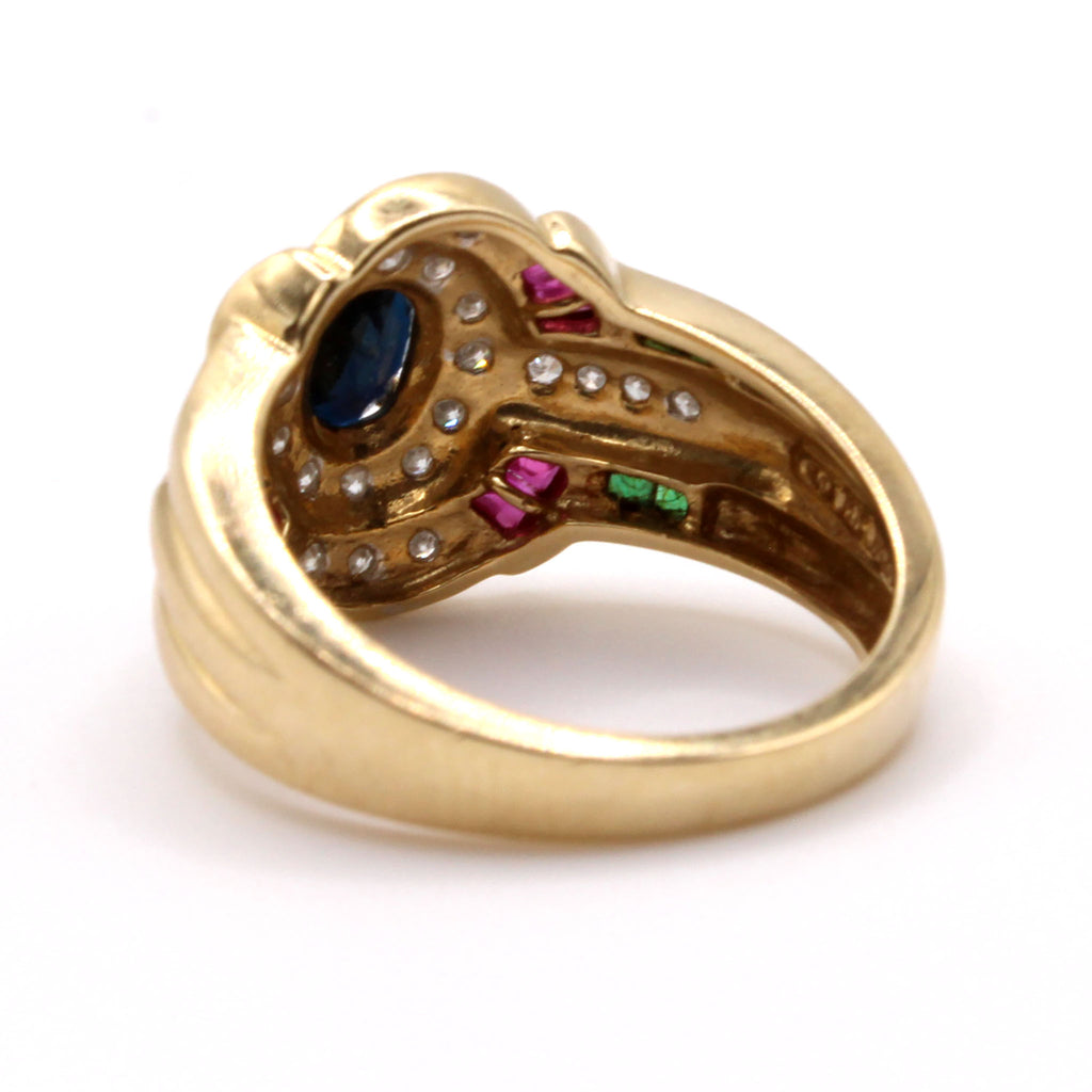 14k Yellow Gold Sapphire, Ruby, Diamond, and Emerald Fashion Ring Size 8