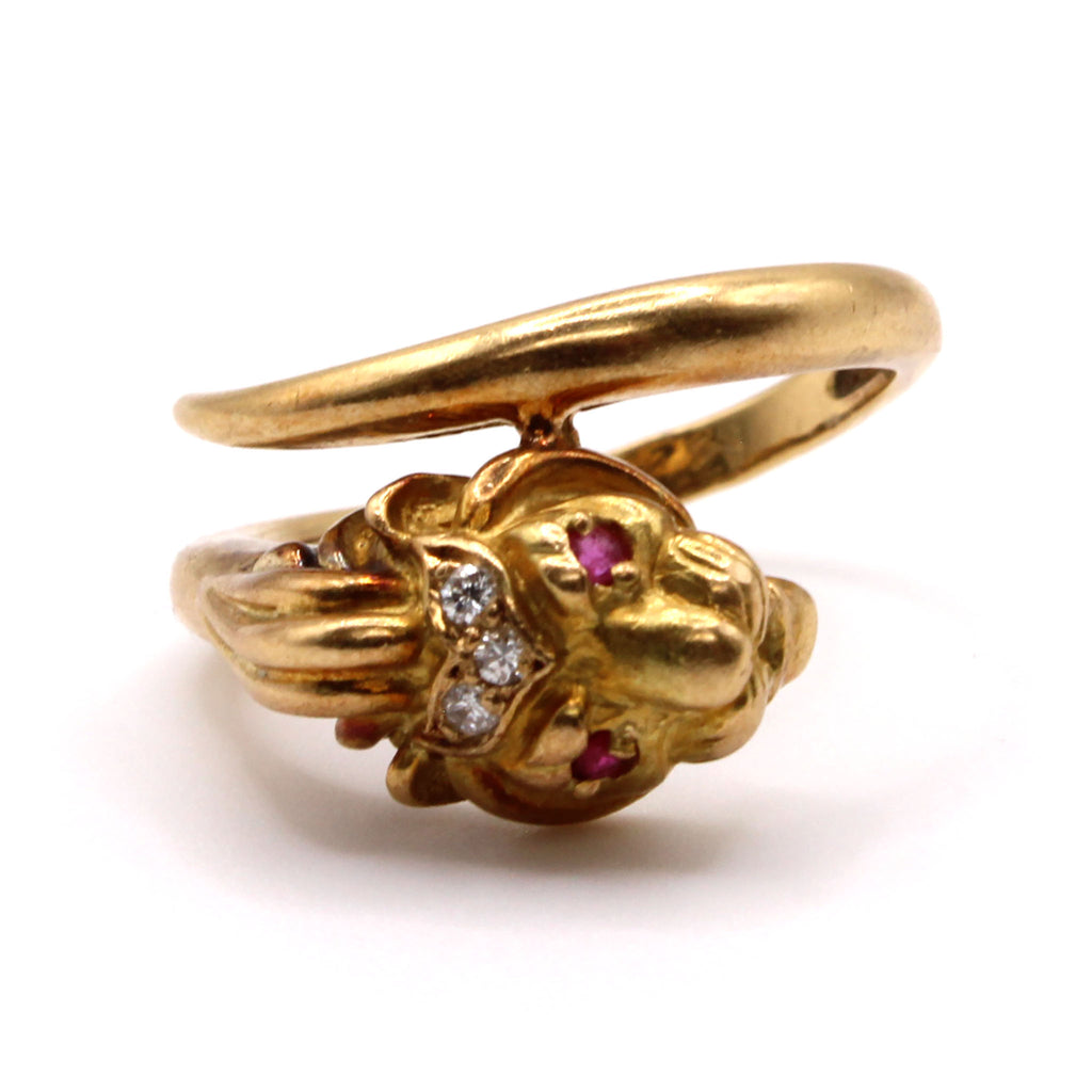 18k Yellow Gold Ruby and Diamond Lion Ring Size 6.75