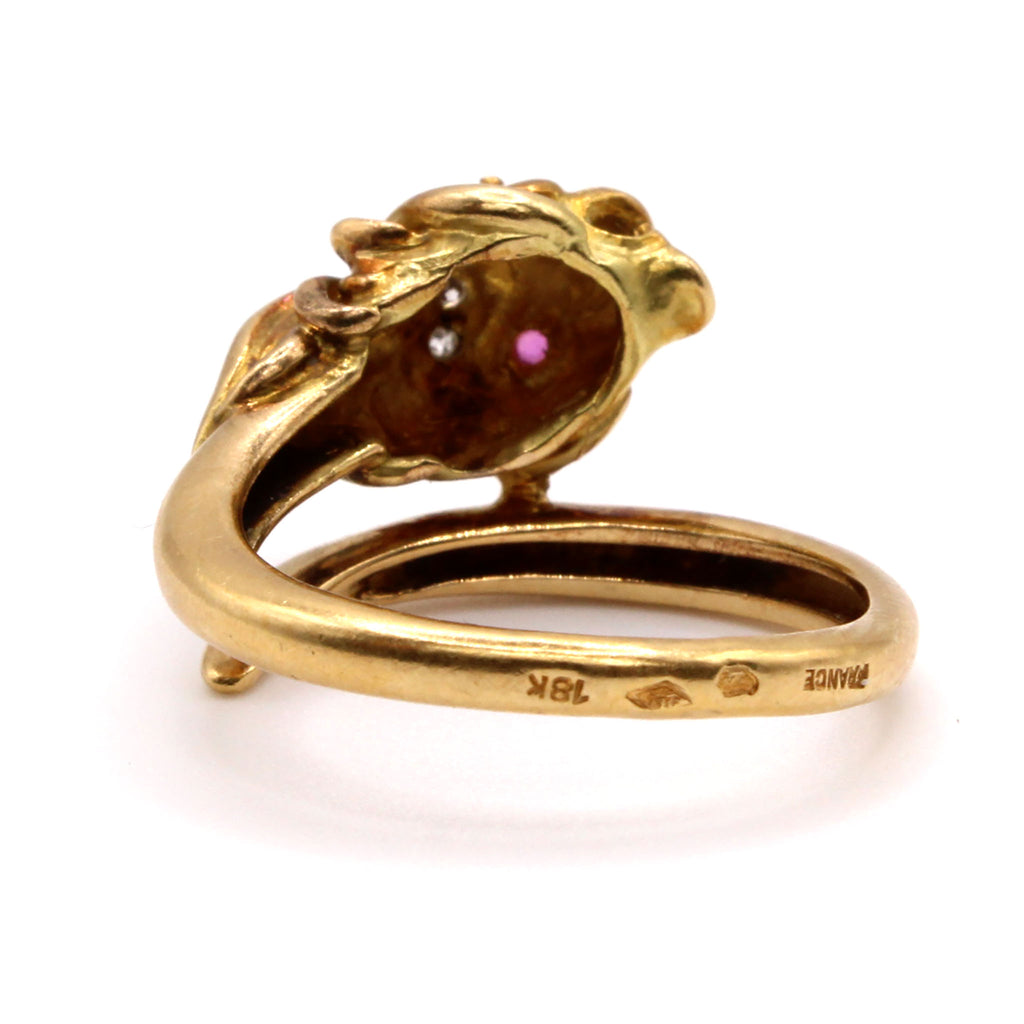 18k Yellow Gold Ruby and Diamond Lion Ring Size 6.75