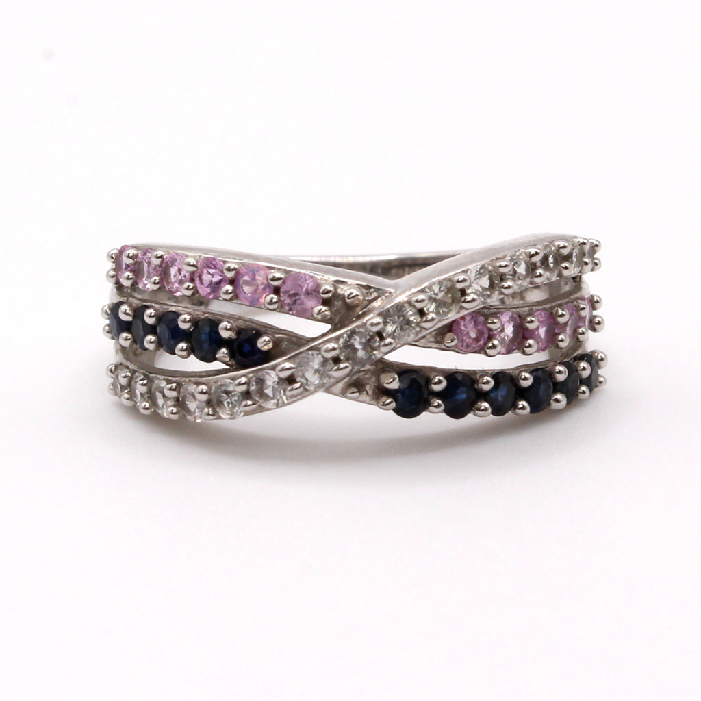 10k White Gold Multi Stone Cross Over Band Size 7