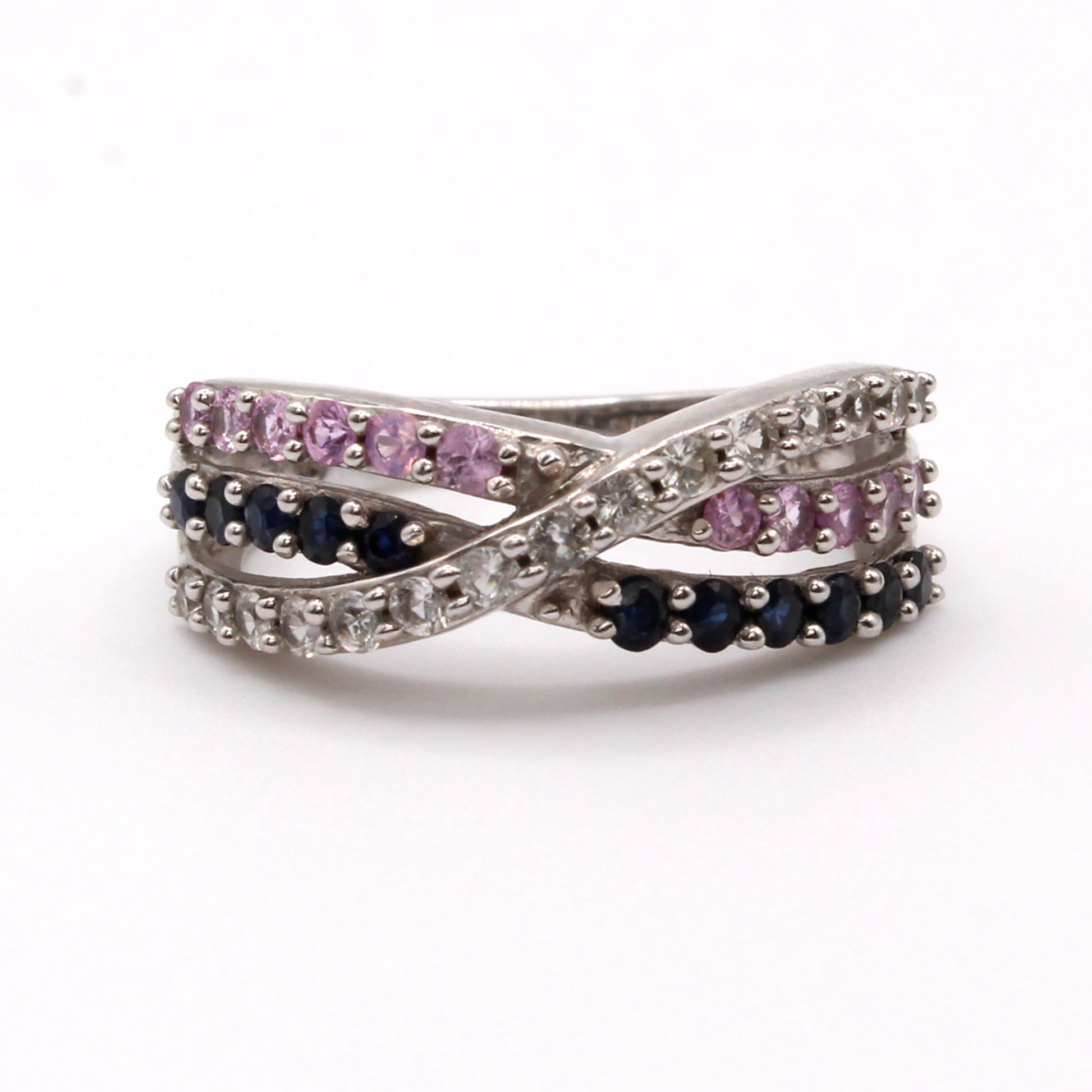 10k White Gold Multi Stone Cross Over Band Size 7