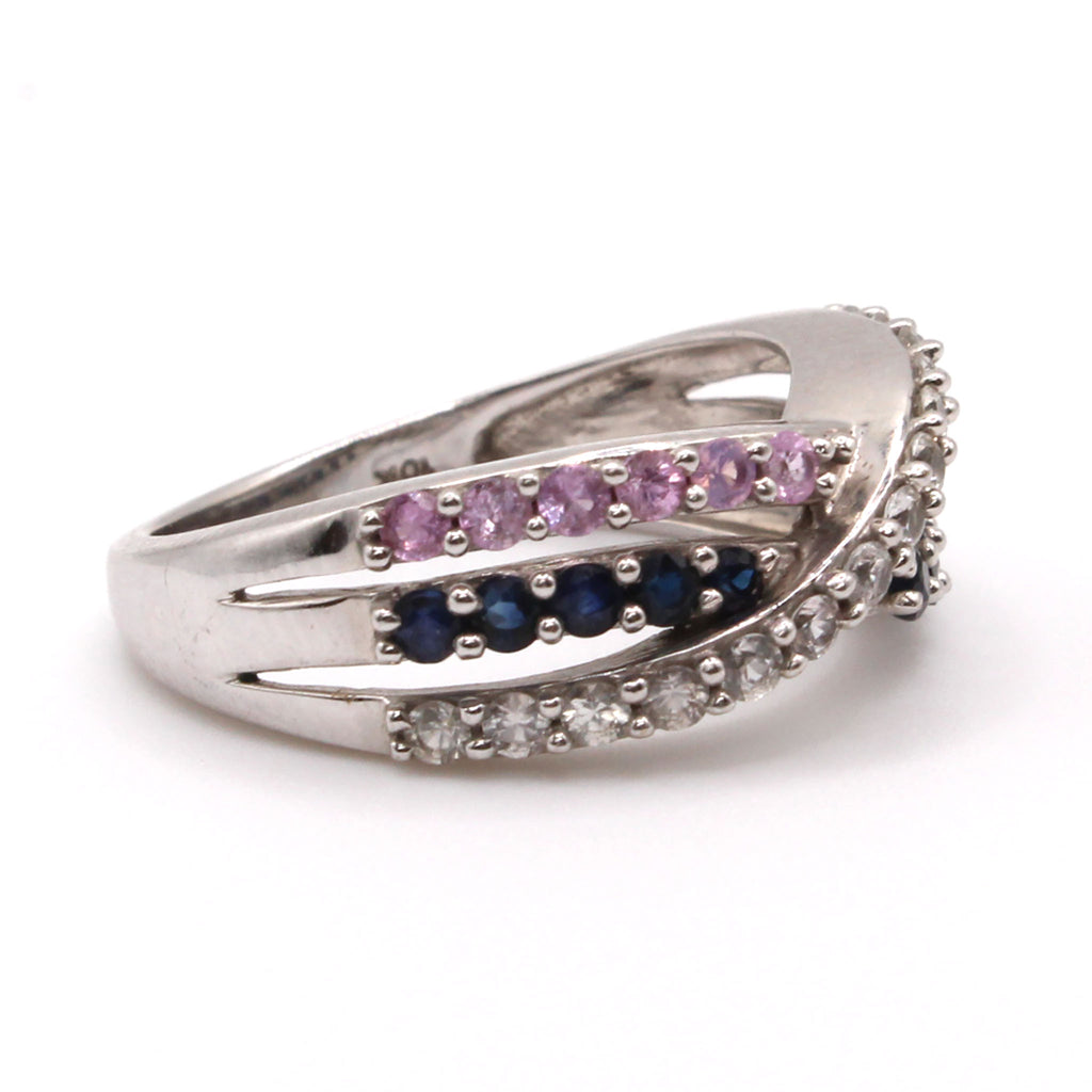 10k White Gold Multi Stone Cross Over Band Size 7