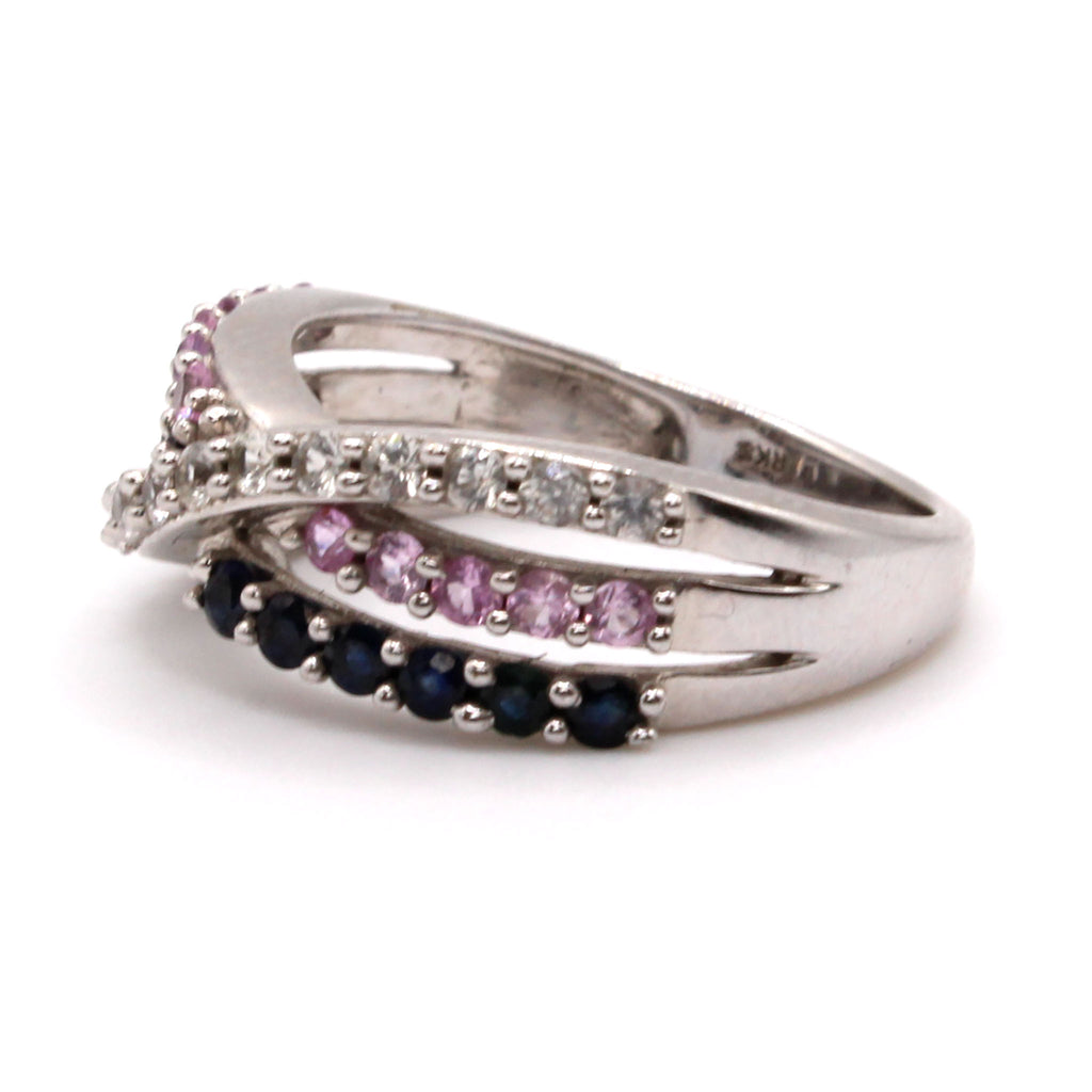 10k White Gold Multi Stone Cross Over Band Size 7