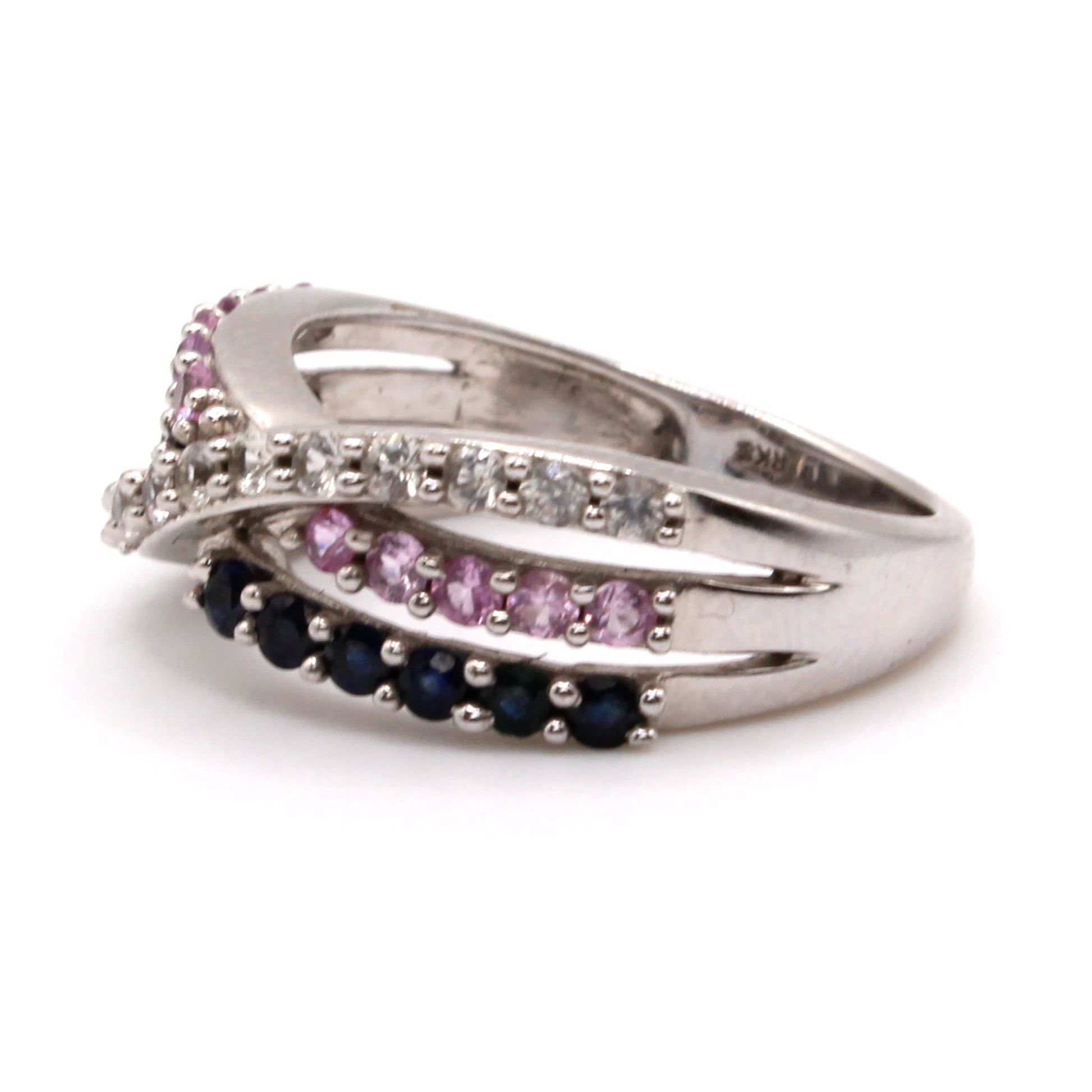 10k White Gold Multi Stone Cross Over Band Size 7