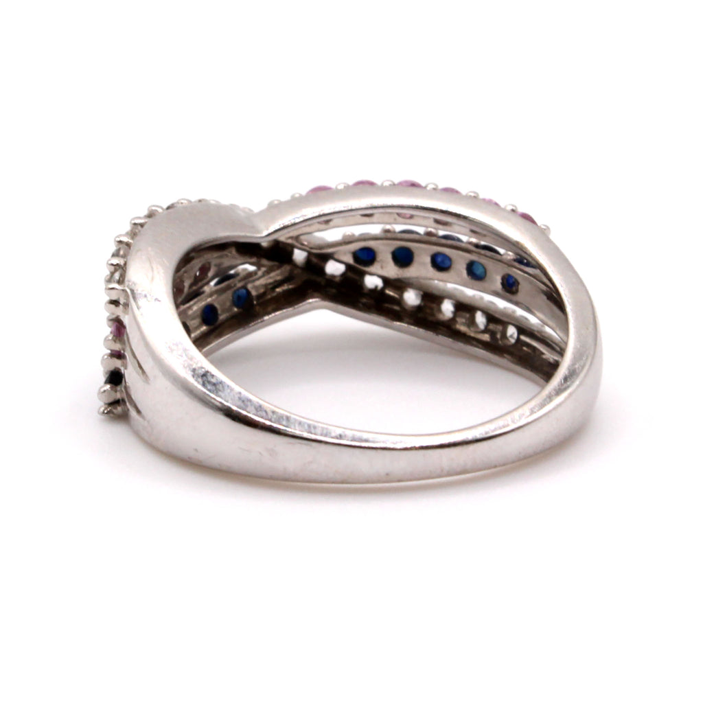 10k White Gold Multi Stone Cross Over Band Size 7
