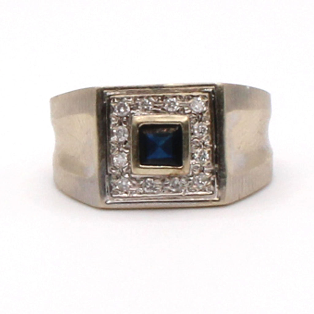 14k White Gold Sapphire and Diamond Square Style Ring Size 6.75