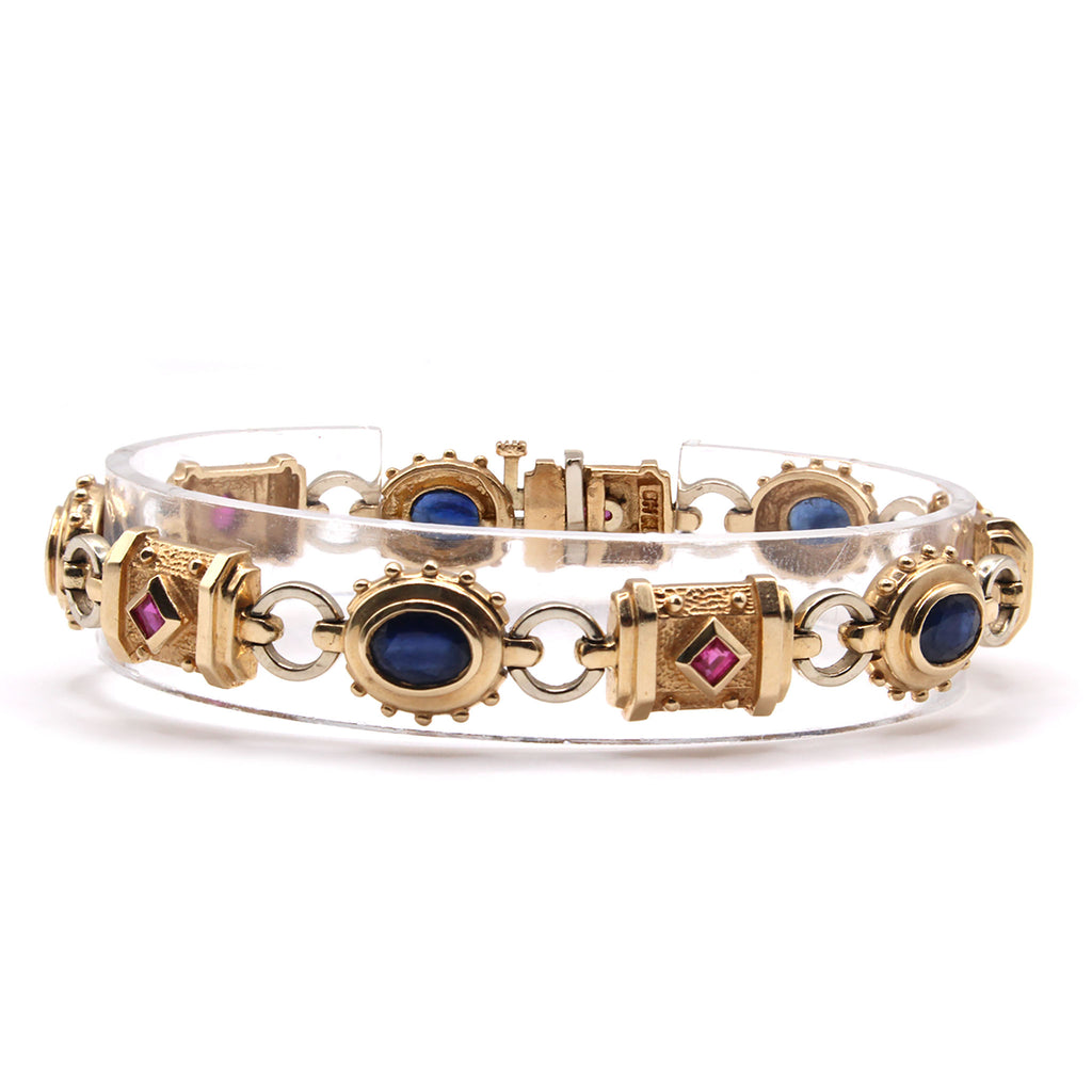 14k Yellow Gold Sapphire and Ruby Hardwear Style Bracelet 7.5 Inches