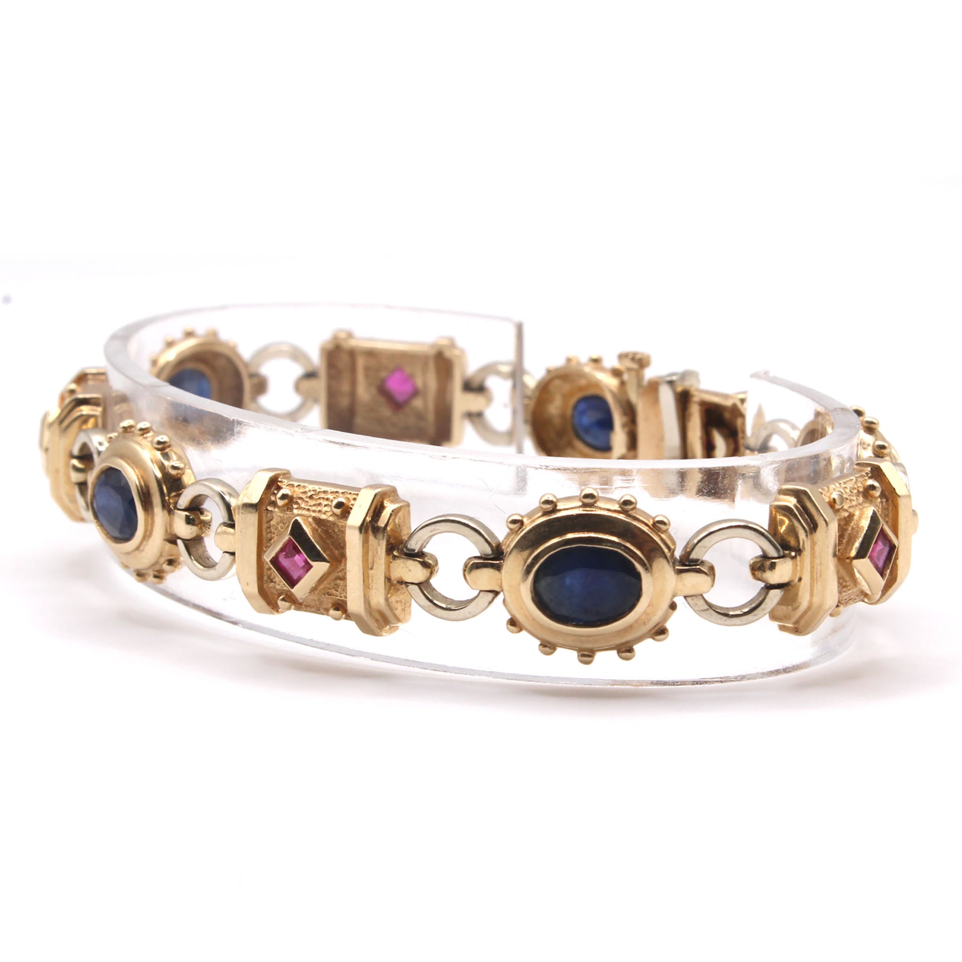 14k Yellow Gold Sapphire and Ruby Hardwear Style Bracelet 7.5 Inches