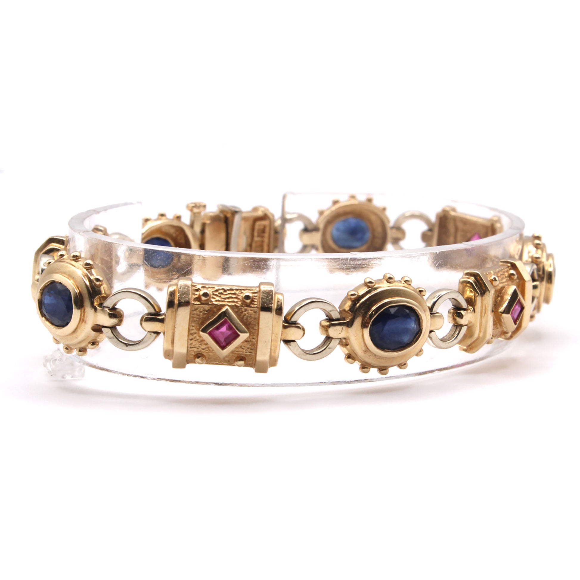 14k Yellow Gold Sapphire and Ruby Hardwear Style Bracelet 7.5 Inches