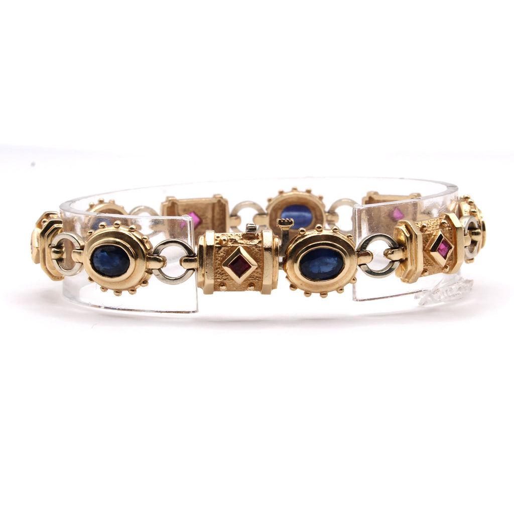 14k Yellow Gold Sapphire and Ruby Hardwear Style Bracelet 7.5 Inches