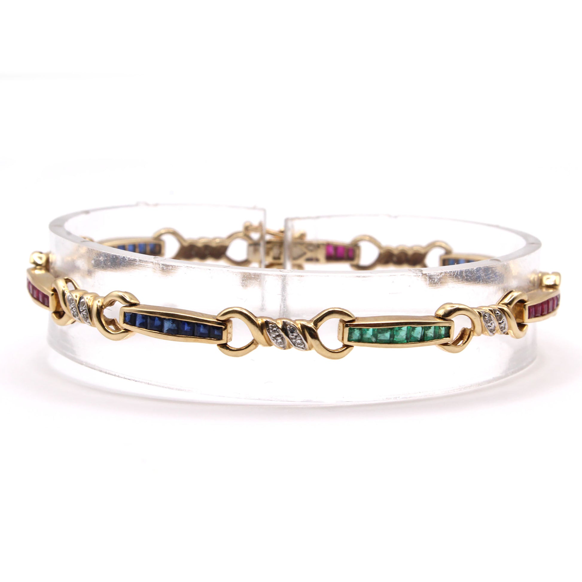 14k Yellow Gold Emerald, Sapphire, Ruby, and Diamond Bracelet 7.5 Inches