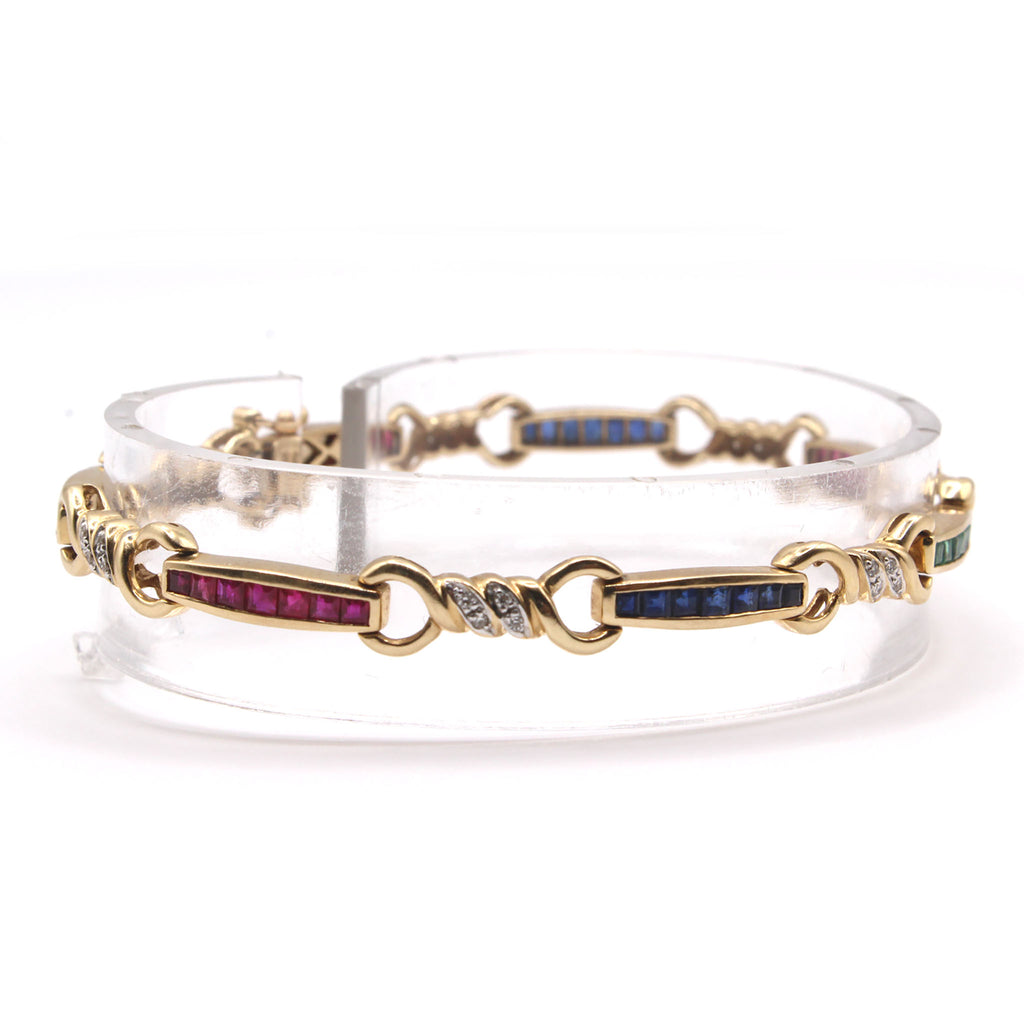 14k Yellow Gold Emerald, Sapphire, Ruby, and Diamond Bracelet 7.5 Inches