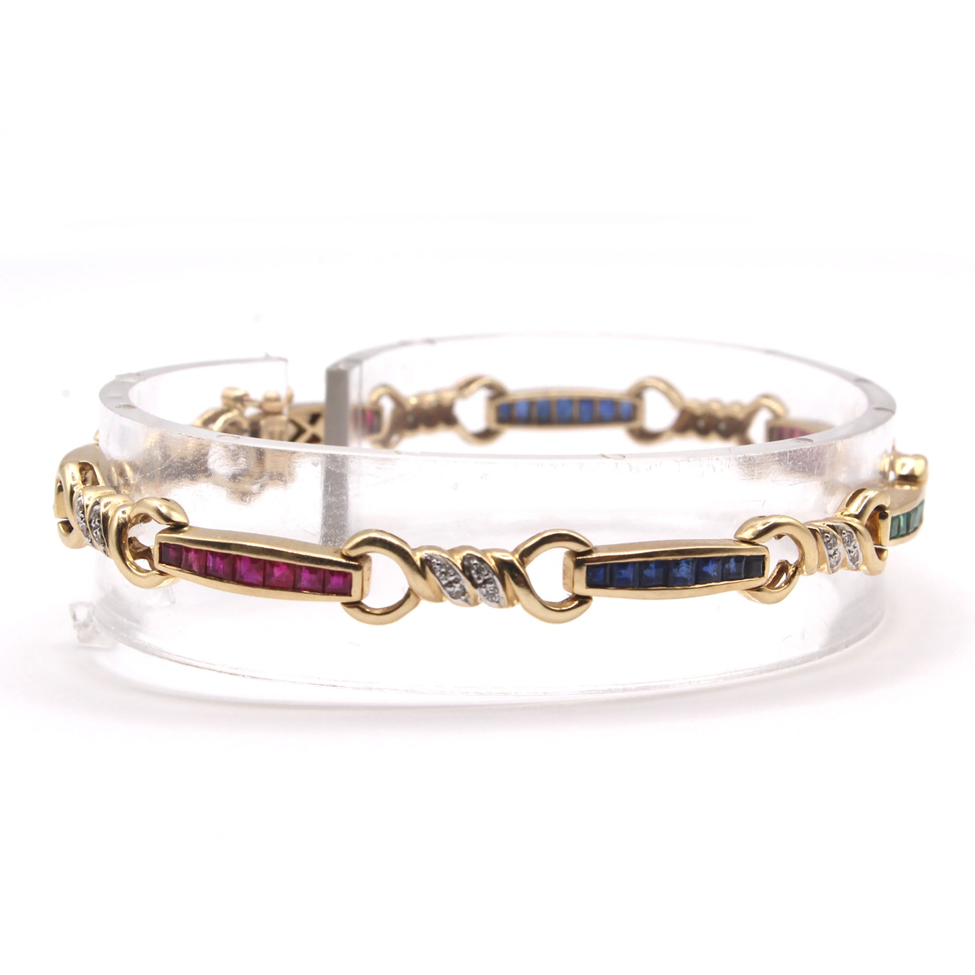 14k Yellow Gold Emerald, Sapphire, Ruby, and Diamond Bracelet 7.5 Inches