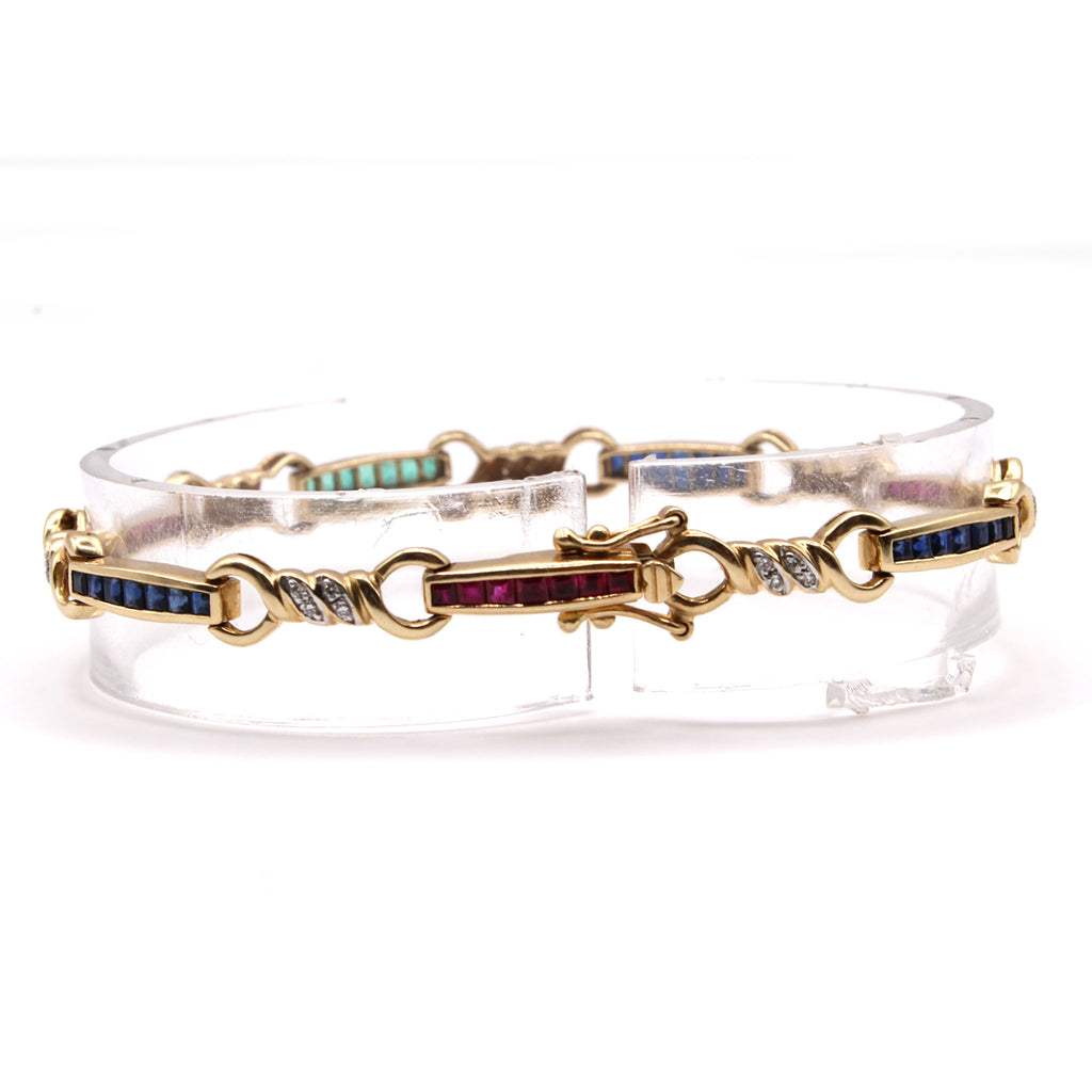 14k Yellow Gold Emerald, Sapphire, Ruby, and Diamond Bracelet 7.5 Inches