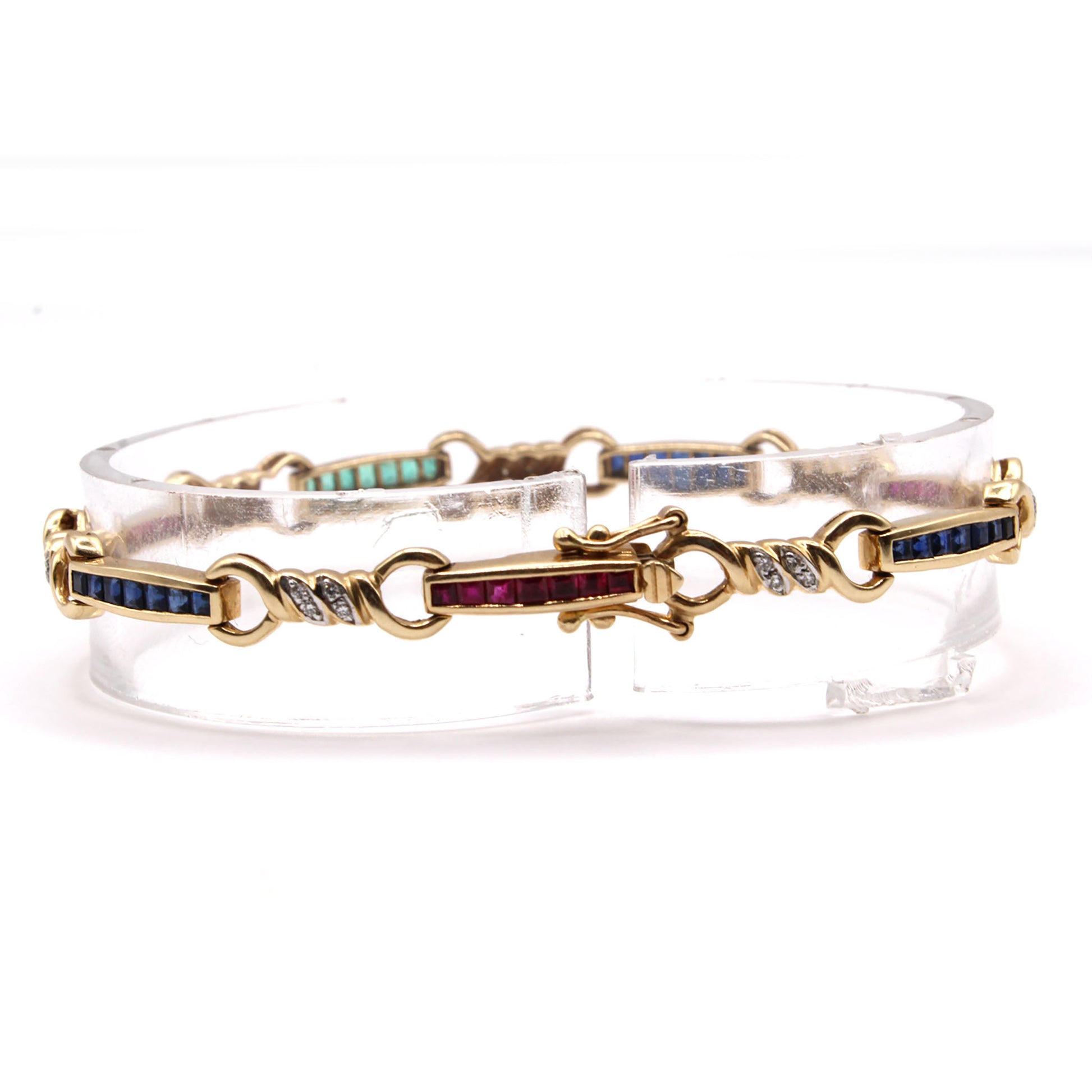 14k Yellow Gold Emerald, Sapphire, Ruby, and Diamond Bracelet 7.5 Inches