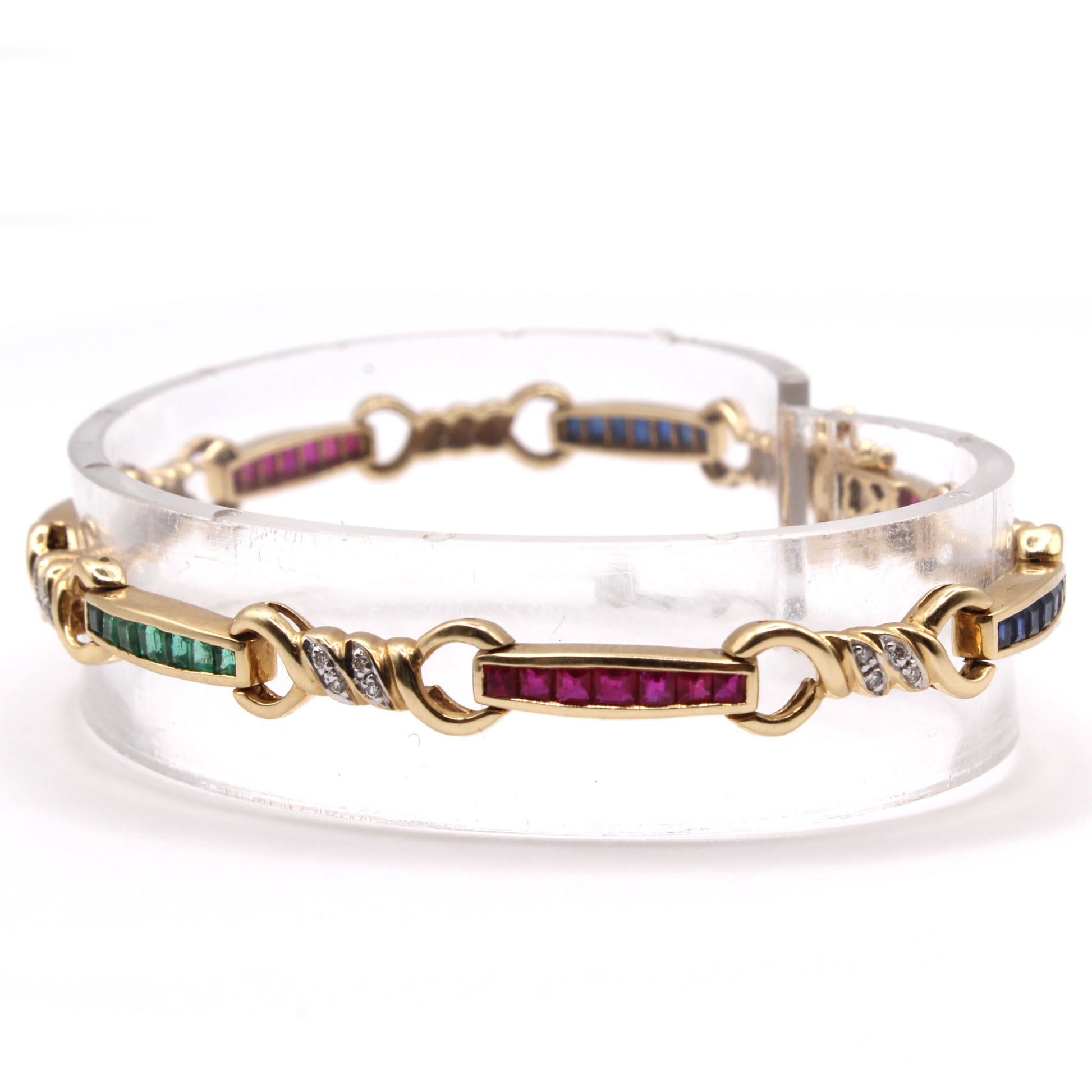 14k Yellow Gold Emerald, Sapphire, Ruby, and Diamond Bracelet 7.5 Inches