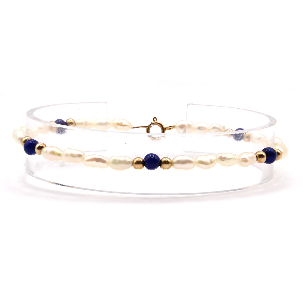 14k Yellow Gold Pearl and Lapis Bracelet 7.5 Inches