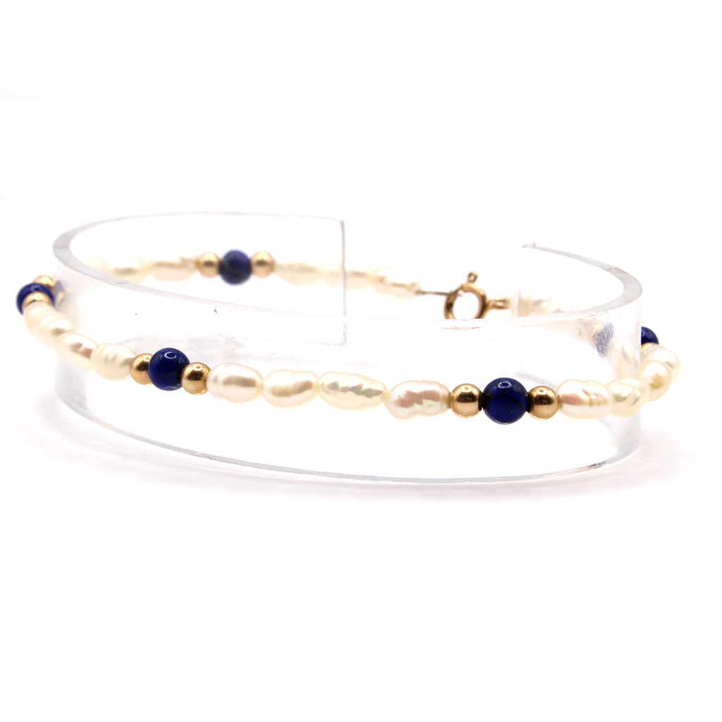 14k Yellow Gold Pearl and Lapis Bracelet 7.5 Inches
