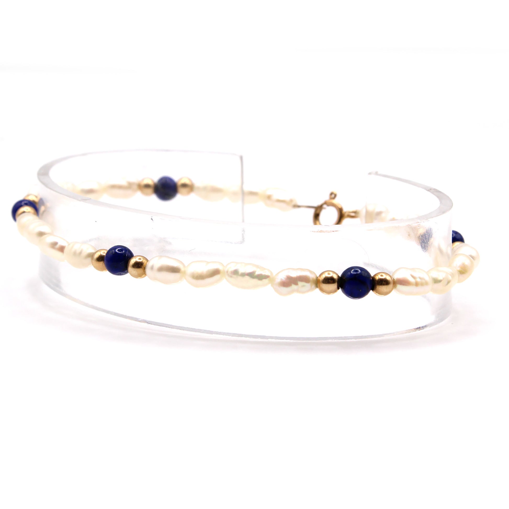14k Yellow Gold Pearl and Lapis Bracelet 7.5 Inches
