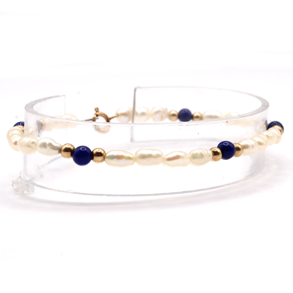 14k Yellow Gold Pearl and Lapis Bracelet 7.5 Inches