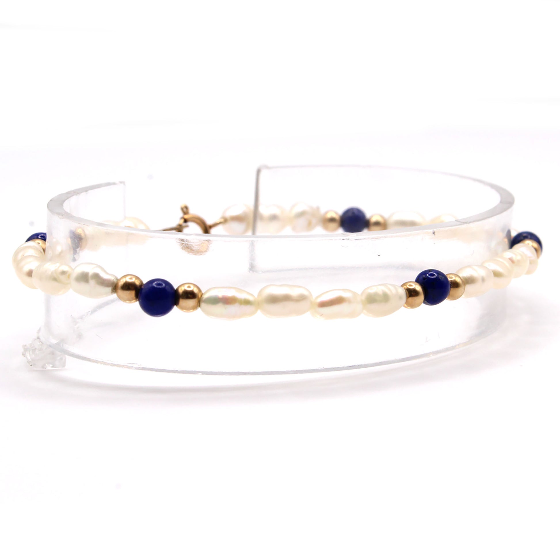 14k Yellow Gold Pearl and Lapis Bracelet 7.5 Inches