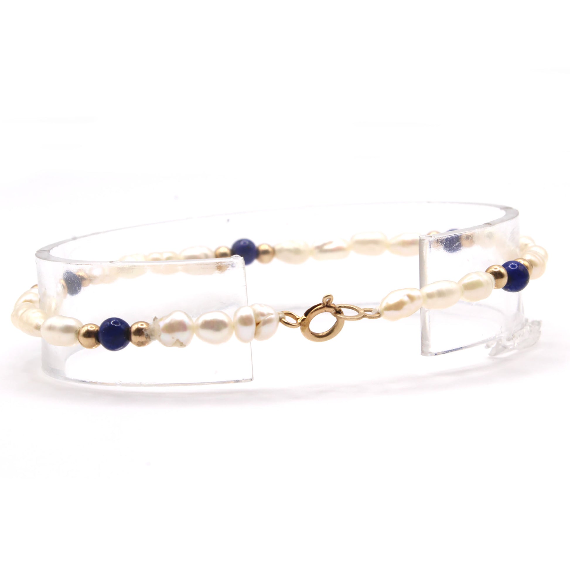 14k Yellow Gold Pearl and Lapis Bracelet 7.5 Inches