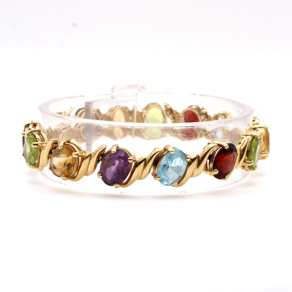 14k Yellow Gold Oval Shape Multi Gemstone Bracelet 6.75 Inches