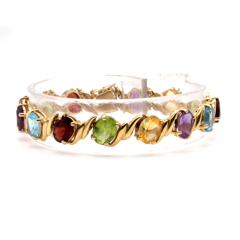 14k Yellow Gold Oval Shape Multi Gemstone Bracelet 6.75 Inches